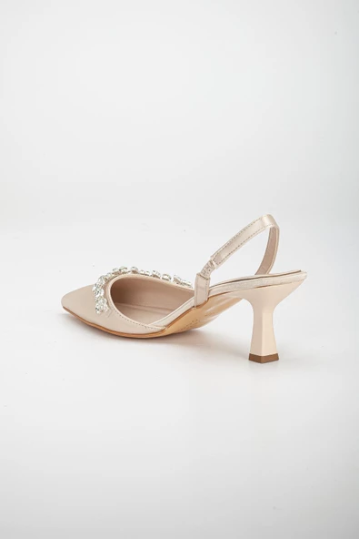 Saten Taşlı Simetrik Kesim Siyah Bej Topuklu Kadın Abiye Ayakkabı - 5