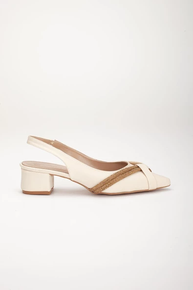 Büyük Numara Zara Saten Taşlı Bej Kadın Kısa Topuklu Abiye Ayakkabı - Resim 3