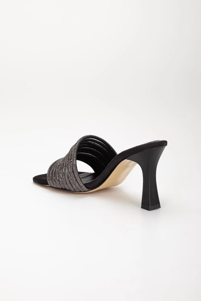 Yüz Biye Taşlı Kadeh Topuk Siyah Kadın Abiye Terlik Ayakkabı - 5