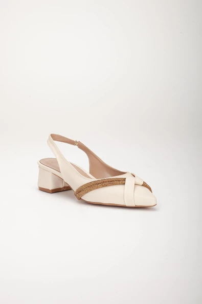 Büyük Numara Zara Saten Taşlı Bej Kadın Kısa Topuklu Abiye Ayakkabı - Resim 4