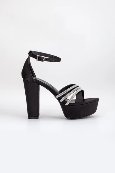 Çapraz Taşlı 40mm Siyah Rugan Kadın Platform Topuklu Abiye Ayakkabı - 5