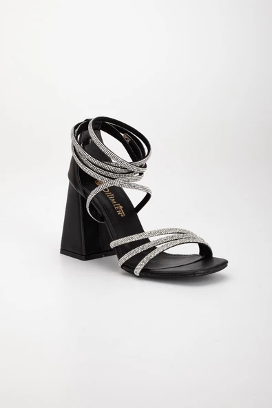 3 Bantlı Bilek Sargılı Gladyatör Model Siyah Kadın Abiye Ayakkabı - Resim 4