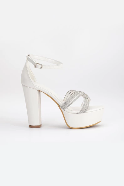 Saten Örgü Taşlı 40mm Sedef Kadın Platform Topuklu Abiye Ayakkabı - Resim 3