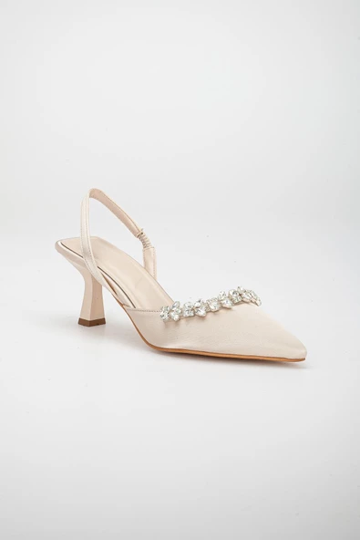 Saten Taşlı Simetrik Kesim Siyah Bej Topuklu Kadın Abiye Ayakkabı - 4