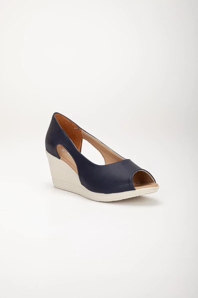 Dolgu Taban Burun Açık Pencereli Ortopedik Suni Deri Lacivert Kadın Dolgu Topuk Ayakkabı - Resim 4