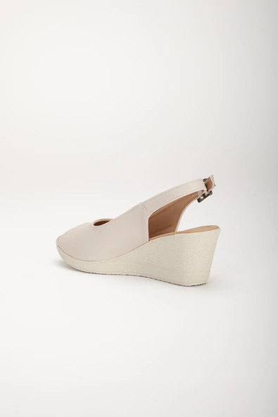 Dolgu Taban Burun ve Arka Açık Ortopedik Suni Deri Bej Kadın Dolgu Topuk Ayakkabı - Resim 5