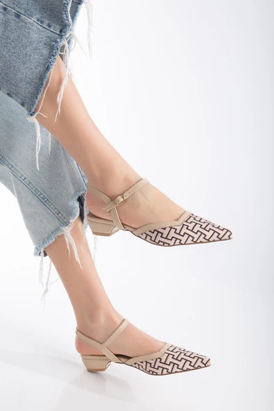 Baskılı Cilt Arka Açık Bej Kadın Kısa Topuklu Ayakkbı - Resim 2