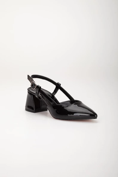 Büyük Numara Rugan Yan Direkli Siyah Kadın Topuklu Ayakkabı - Resim 4