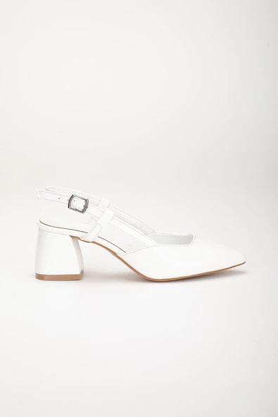 Büyük Numara Rugan Yan Direkli Beyaz Kadın Topuklu Ayakkabı - Resim 3