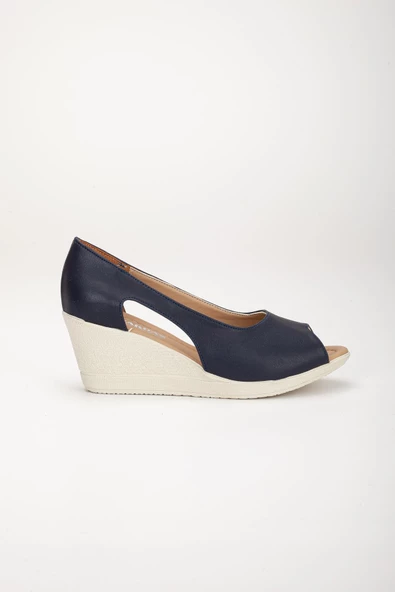 Dolgu Taban Burun Açık Pencereli Ortopedik Suni Deri Lacivert Kadın Dolgu Topuk Ayakkabı - Resim 3