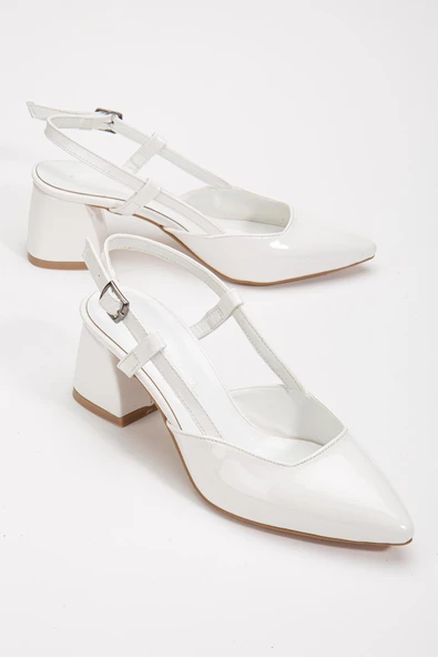 Büyük Numara Rugan Yan Direkli Beyaz Kadın Topuklu Ayakkabı ürün görseli