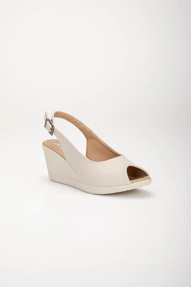 Dolgu Taban Burun ve Arka Açık Ortopedik Suni Deri Bej Kadın Dolgu Topuk Ayakkabı - Resim 4