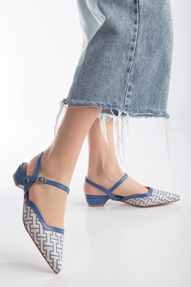 Baskılı Cilt Arka Açık Mavi Kadın Kısa Topuklu Ayakkbı - Resim 2