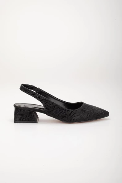 Büyük Numara Parlak çizgili Deri Siyah Kadın Topuklu Ayakkabı - Resim 3