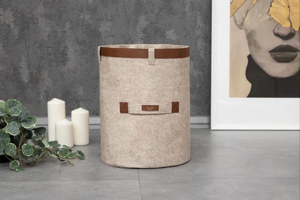 Deri Şeritli Yuvarlak Çok Amaçlı Düzenleyici Organizer Kutu Keçe Sepet (mega) 03877 - 6