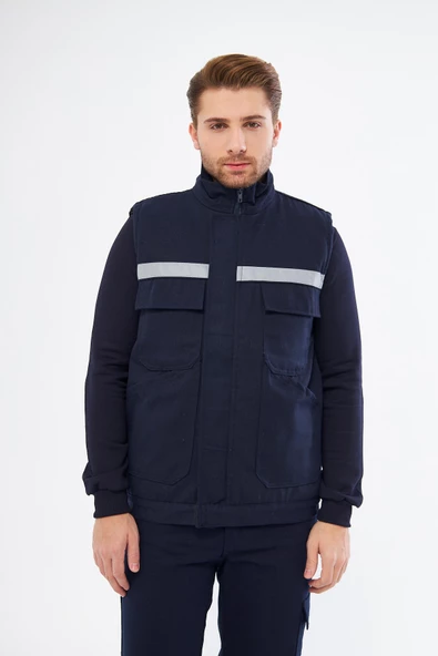 Orange Safety Lacivert Yelek 7/7 Gabardin %100 Pamuk Kapitoneli Reflektörlü