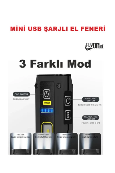 Güçlü Dayanıklı Şarj Edilebilir Mini Portatif  El Feneri ve Ortam Aydınlatma Mıknatıslı  Fonsiyonlu - 2