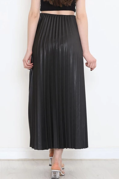 Zarif Ve Modern Pileli Parlak Krep Gizli Lastikli Siyah Etek - 3