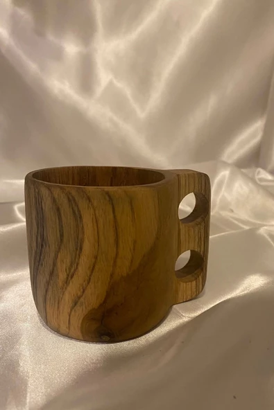 Kuksa Ahşap Rengi Tahta Bardak Kupa Kulplu - 3