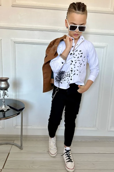 Erkek Çocuk Deri Ceket Kot Pantolon Gömlek Tarz Takım - 3