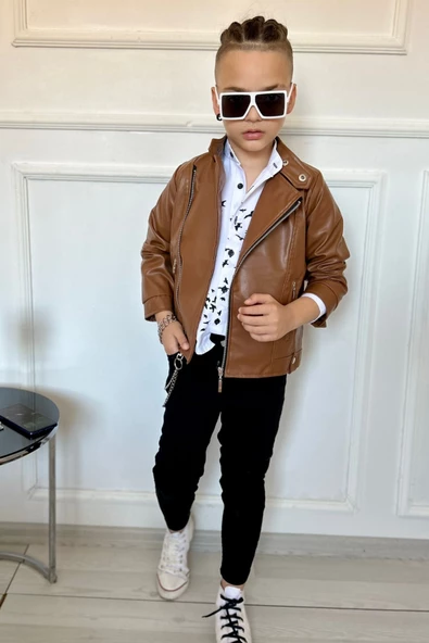 Erkek Çocuk Deri Ceket Kot Pantolon Gömlek Tarz Takım - 2