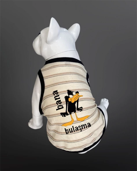 Kedi & Köpek Kıyafeti Atlet - Bana Bulaşma Baskılı Bej Rengi Çizgili Atlet