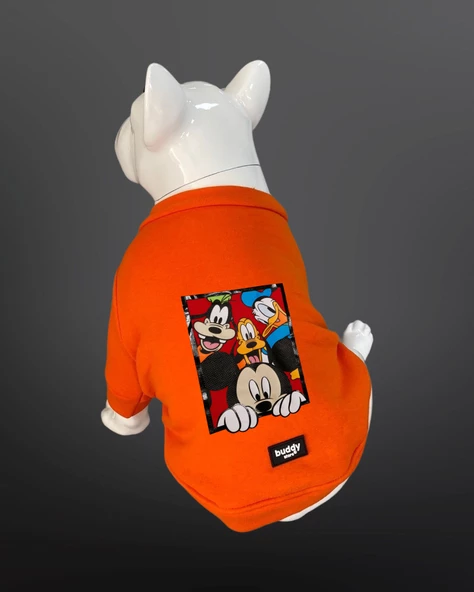 Kedi Ve Köpek Kıyafeti - Disney Karakterleri Baskılı Turuncu Kapüşonsuz T-Shirt