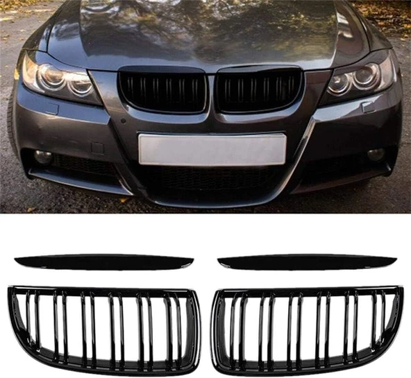 Bmw E90 çift çizgi ön panjur ızgara 2005-2007 arası parlak siyah - 3
