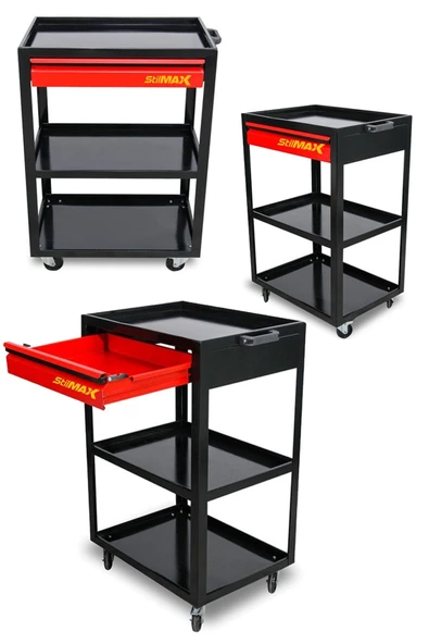STİLMAX XL RED Pro Seri Tek Çekmeceli 3 Bölmeli Alet Servis Arabası Tek Çekmece Takım Tezgah Arabası - 3