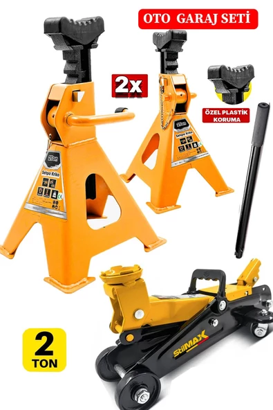 Stilmax 2Ton/2000Kg Tekerlekli Arabalı Hidrolik Kriko + 2Ton x2Adet Taşıma Sehpa Tip Kriko Standı - 2