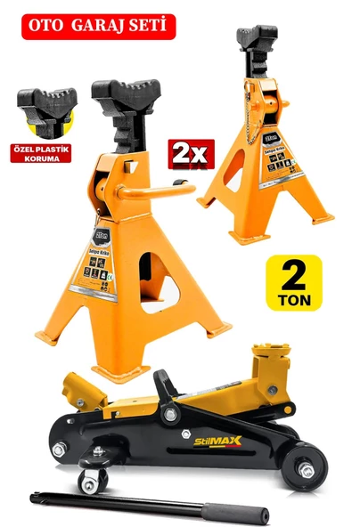 Stilmax 2Ton/2000Kg Tekerlekli Arabalı Hidrolik Kriko + 2Ton x2Adet Taşıma Sehpa Tip Kriko Standı - 3