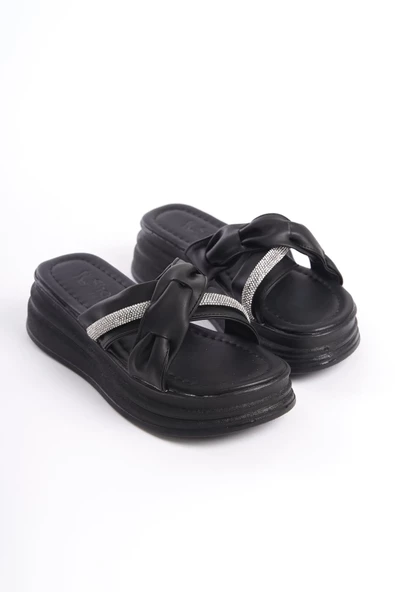 CLARA Düz Topuklu Kurdele Desenli Taşlı Kalın ve Ortopedik Taban Kadın Terlik ST Siyah - 4