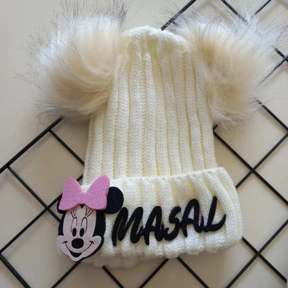 MARS BABY Bebek Kız Çocuk İsimli Krem Ponponlu Atkı Bere Takımı - 2