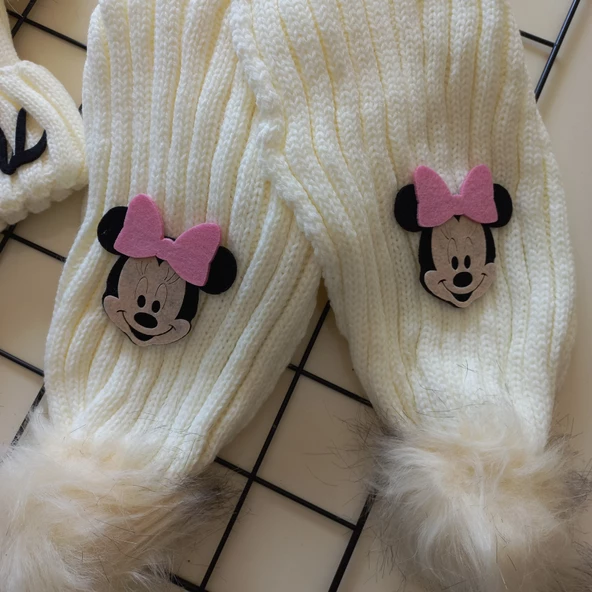 MARS BABY Bebek Kız Çocuk İsimli Krem Ponponlu Atkı Bere Takımı - 3