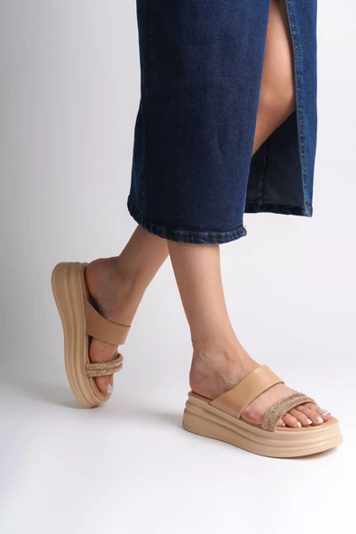 SARAH Düz Topuklu Taşlı Şeritli Kalın ve Ortopedik Taban Kadın Terlik TT Ten - 3