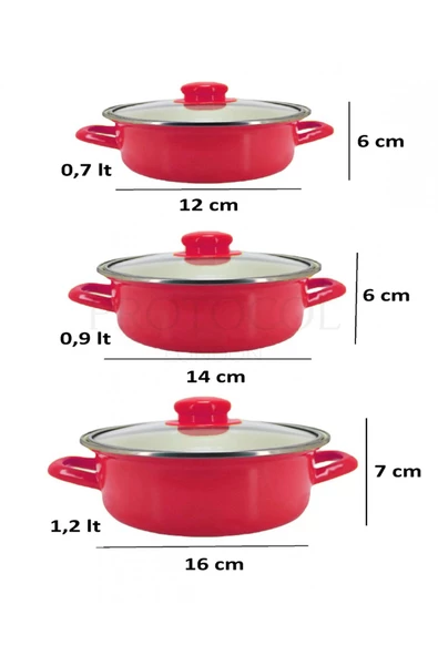 Nishev 12/14/16 cm Mini Emaye Tencere Seti - Kırmızı - 3