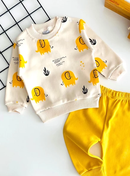 Neşeli Bebekler Filli Desen İki İplik Kumaş Mevsmlik Takım Sarı - 2