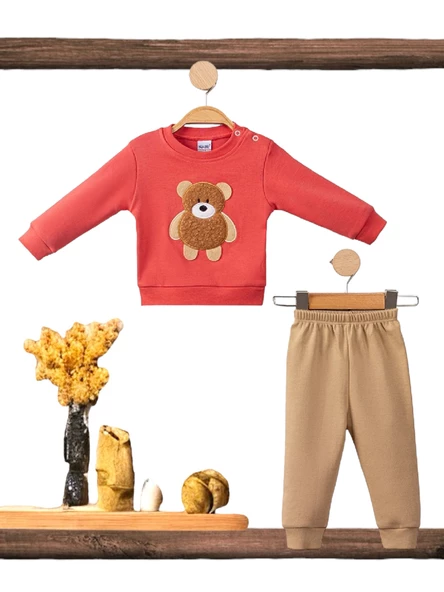 Neşeli Bebekler Kabartma Ayıcık Nakışlı İki İplik Kumaş Mevsmlik Takım Kiremit ürün görseli