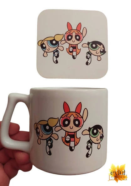Powerpuff Girls Baskılı Lüks Oval Seramik Kupa Bardak Çay-kahve Bardağı Bardak Altlığı Hediyeli
