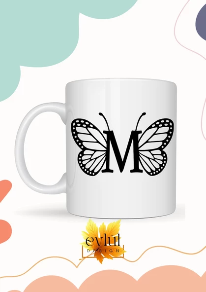 M Harfi Kelebek Temalı Baskılı Özel Tasarım Renkli Baskılı Kupa Bardak Doğum Günü Hediyesi ürün görseli