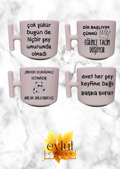 4lü Özel Tasarım Yazılı Krem Rengi Eğlenceli Yazılı Esprili T Kupa Bardak Latte Bardağı - 4 ADET