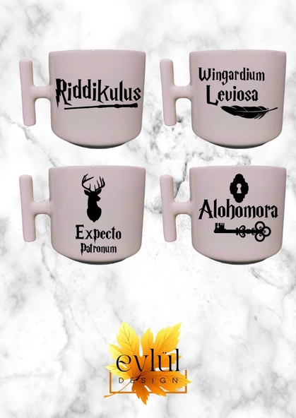 4lü Harry Potter Büyüler Özel Tasarım Baskılı Krem Rengi Esprili T Kupa Bardak Latte Bardağı-4 ADET