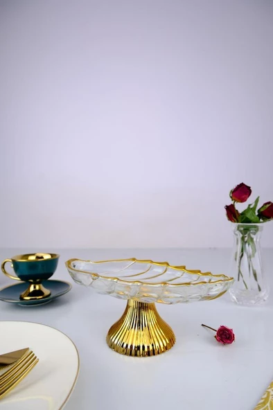 Digithome Leaf Ayaklı Oval Cam Servis Sunumluk Kurabiyelik Gold Yaldızlı 20 Cm – 11111AYK C320.045