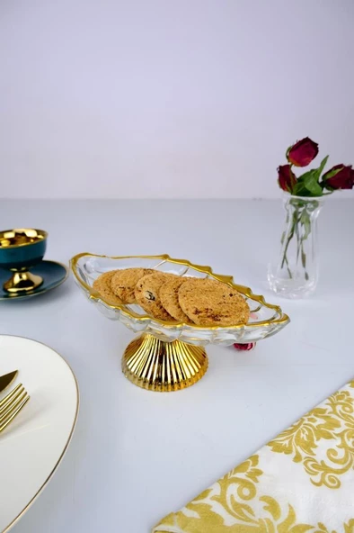 Digithome Leaf Ayaklı Oval Cam Servis Sunumluk Kurabiyelik Gold Yaldızlı 20 Cm – 11111AYK C320.045 - 3