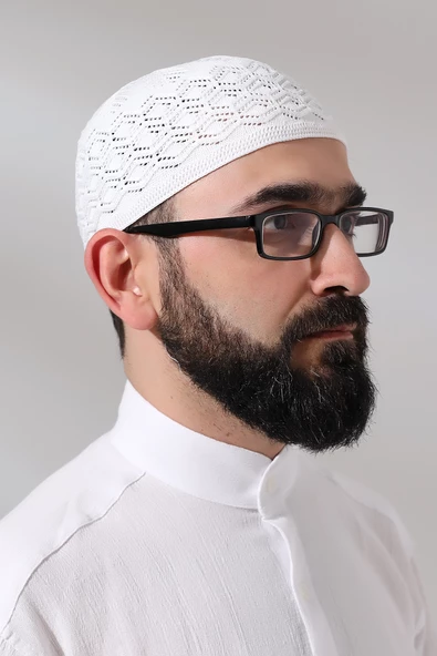 Kabartma Desen Örgülü Platinum Namaz Takkesi Beyaz - 2