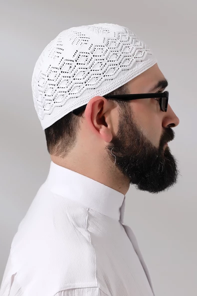 Kabartma Desen Örgülü Platinum Namaz Takkesi Beyaz - 7