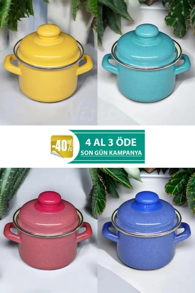Nishev Emaye Mini Derin Tencere Seti 12 cm 900 ml - 3 Renk Alana 1 Renk Bedava - 10