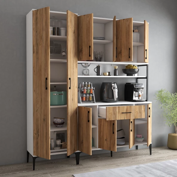 Tanmob MDL0603 Alt Üst Çift Kapılı Çok Amaçlı Dolap 8 Kapaklı Çekmeceli Raflı Beyaz Çam - 2