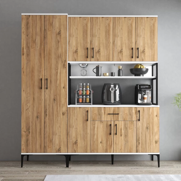 Tanmob MDL0603 Alt Üst Çift Kapılı Çok Amaçlı Dolap 8 Kapaklı Çekmeceli Raflı Beyaz Çam - 3