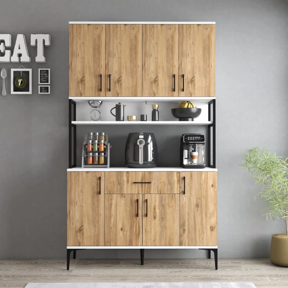 Tanmob MDL0403 Alt Üst Çok Amaçlı Dolap 8 Kapaklı Çekmeceli Raflı Mutfak Dolabı Beyaz Çam - 3